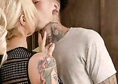 Dazzling blonde shemale sucks a guy off and rails him