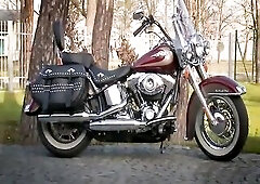 Breasty silicone porn star Cindy Dollar make posing bare in motorbike Harley Davidson