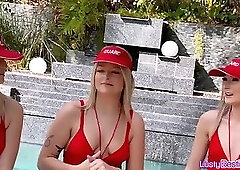 Lifeguard BFFs cock CPR rescue turns to reverse gangbang party