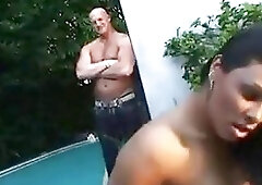 Busty Latina shemale rides a throbbing boner in the open