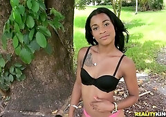 Very skinny black doll Minnie Smalls likes jumping on a big cock