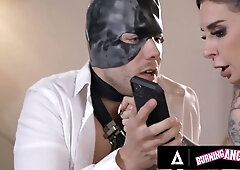 Tattooed goth queen Joanna Angel takes a big cock deep in her mouth and pussy