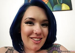 Blue-haired tattooed BBW Alexxxis Allure takes every inch deep