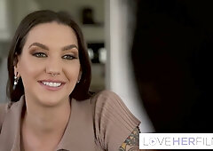 Tattooed brunette spreads her inked legs for Rocky Emerson's foot fetish worship