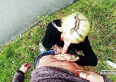 German tattooed beauty Harleen Van Hynten sucks and gets fucked outdoors on a bed of leaves