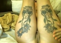 Inked hottie with big tits masturbating with big sex toy