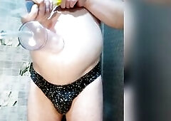 Playing with my biggest ball: a recent abdomen button cram strap, and a strong homemade vacuum pump, and large inflation on my OF?????????????????????