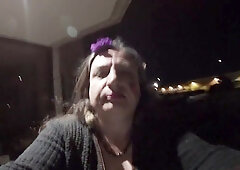 TV Sissy in a Truck Parking pile outdoors toying with her rigid instrument and spilling some jelly