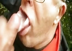 Horny mature gay sucks & eats cum outdoors