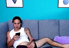 Skinny gay twink enjoys hot solo jerk off on bed