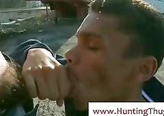 Black bitch sucks white dick in public