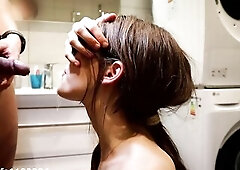 Pissing in the amateur gals throat until that babe begins gagging and then on her face and hair