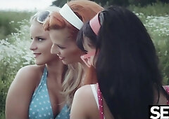 Stunning lesbian girls with perfect tits eat muff on retro road trip