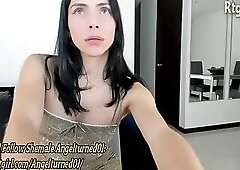 slim latina shemale angel rides big dildo on webcam