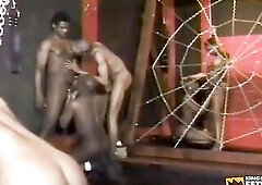 Group of ebony males destroy their booties after 2 black women screw 'em with strapons