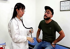 Latina doctor treats her male patient's knee pain with oral and hands in the clinic