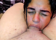 cheating whore wife sucking shlong and swallowing cum in pov then rides hard until creampied and ride in post cum sex