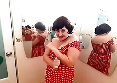 Pinup playgirl has no pants in front of mirror Retro Vintage Naked maid Housewife