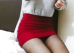 Crossdresser - Red Pencil Skirt Upskirt Tease 1