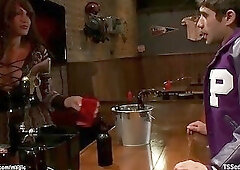 TS bartender fucks bound sportsmen