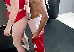 Wife goes to a trial class at the gym and does an exhausting workout with the tutor, ending up with her throat full of milk.
