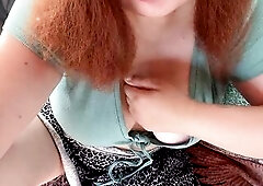 Pretty ginger gal with silky red hair and creamy skin can’t resist the warm summer breeze on her intimate veranda