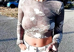 braless walk, flashing breasts in public