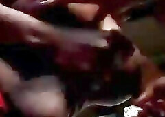 Busty ebony shemale ejaculates on her cock sucking lover's chest