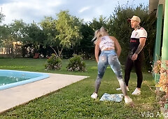 Argentinian blonde takes her personal trainer hard outdoors where neighbors can see