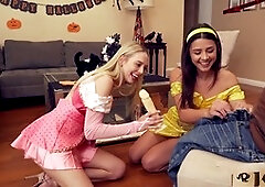 Step-siblings caught in Halloween costume fun with handjobs and blowjobs