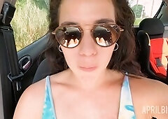 Aprilbigass performs deepthroat and shows off her Brazilian booty while indulging in public urine play