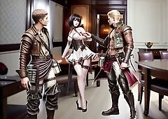 The titan mind blowing Mikasa Ackerman wearing very gracious costume at the ball will discover an rock to Eren