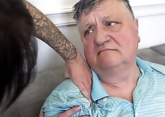 Beautiful ebony haired honey helps old chap relax and gets her cunt licked in award