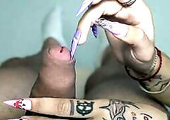 Long nails scratching cock, balls, foreskin and peehole