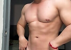 Hunk tries on underwear and shows hole