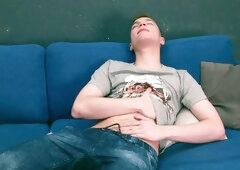 Horny brunette Adam Holub strokes his big cock until he cums!