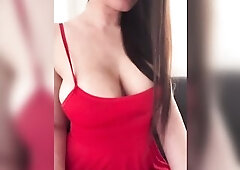 Stepmom in nylons in a red costume shows pretty boobs