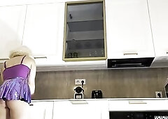 Doing chores as an Electronic Music Festival Angel on high heels and with a large butt to show beneath mini petticoat