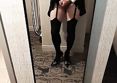 Crossdresser Jacks off in Hotel room and cums all over Nylons and Heels