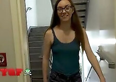 My girlfriend - nerdy beauty Tali Dova shows off her Hairy Pussy and guzzles cum in her steamy motel debut