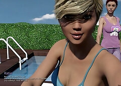 Toned women in bikinis play voyeuristic games in the sun with downblouse and upskirt teasing