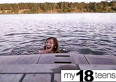 A enchanting cutie plays with a banana and gently fondles herself on a yacht, where an old ally invited her.