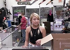 This sexy blond came in the store with a box in hand, struggling carrying it inside my PawnShop. It appeared to be enormous, but I didn't think i