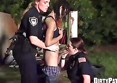 Big breasted police chicks bang with skinny thug in public