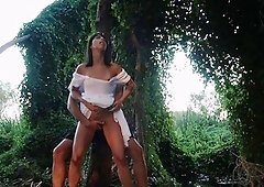Blowjob loving brunette sucks outdoor