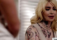 Golden-Haired tranny orders a recent couch comforter for her fresh abode.But previous to the man leaves,this babe begins giving a kiss him on the couc