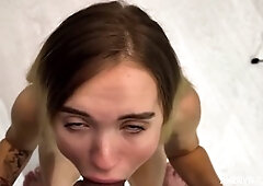 Gorgeous chick gives a mind-blowing blowjob and gets filled with cum on the couch