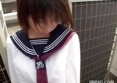 Nasty Japanese chick is wearing sexy uniform and being very bad girl in the toilet