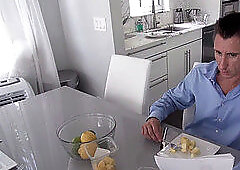 mischievous light-haired mummy Olivia Blu plays with her stepsons dick under the table while having a dinner with her husband.