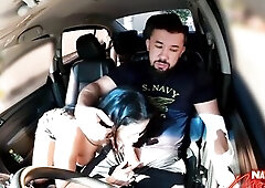 Traffic oral job: Exhibitionist brunette hair shows her titties and sucks it all in the car